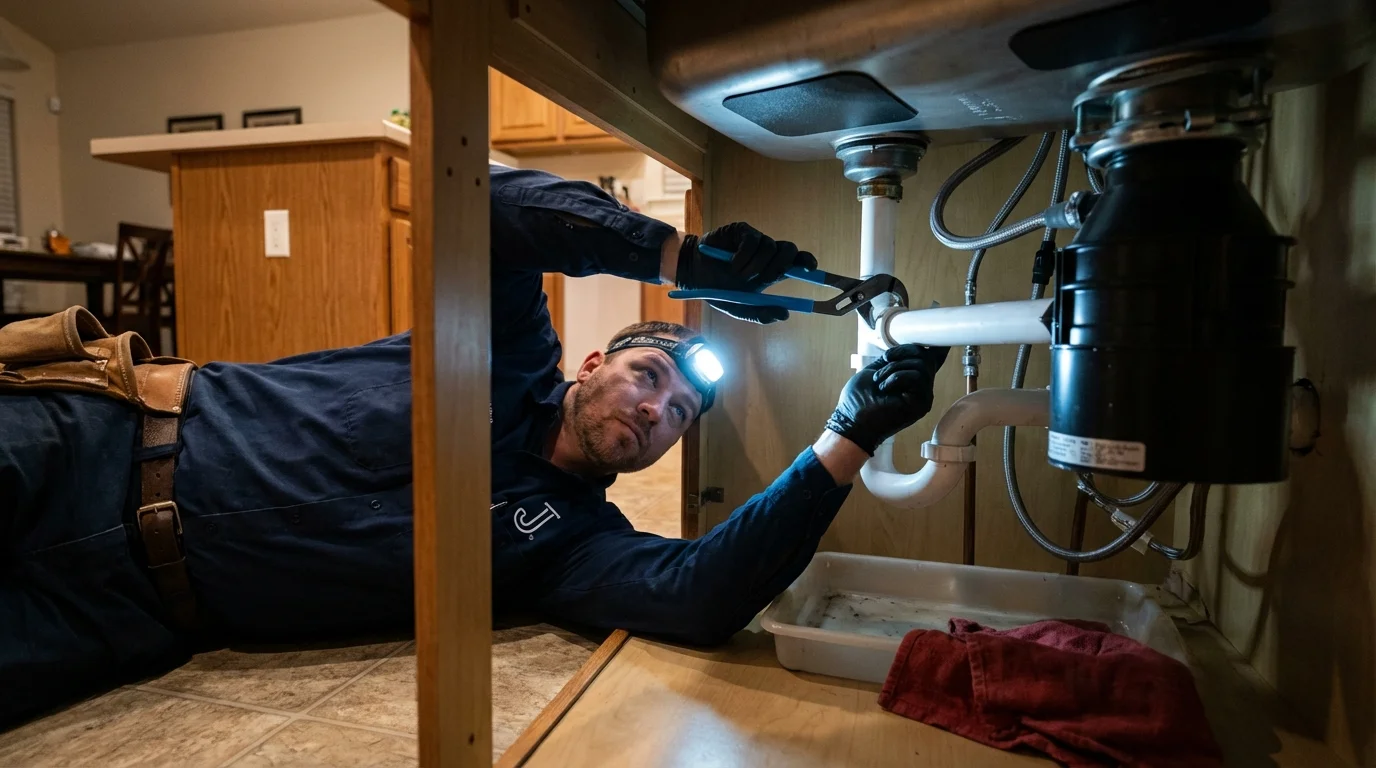 P-trap and supply line connections under a kitchen sink showing a common leak point in Marshall, NC